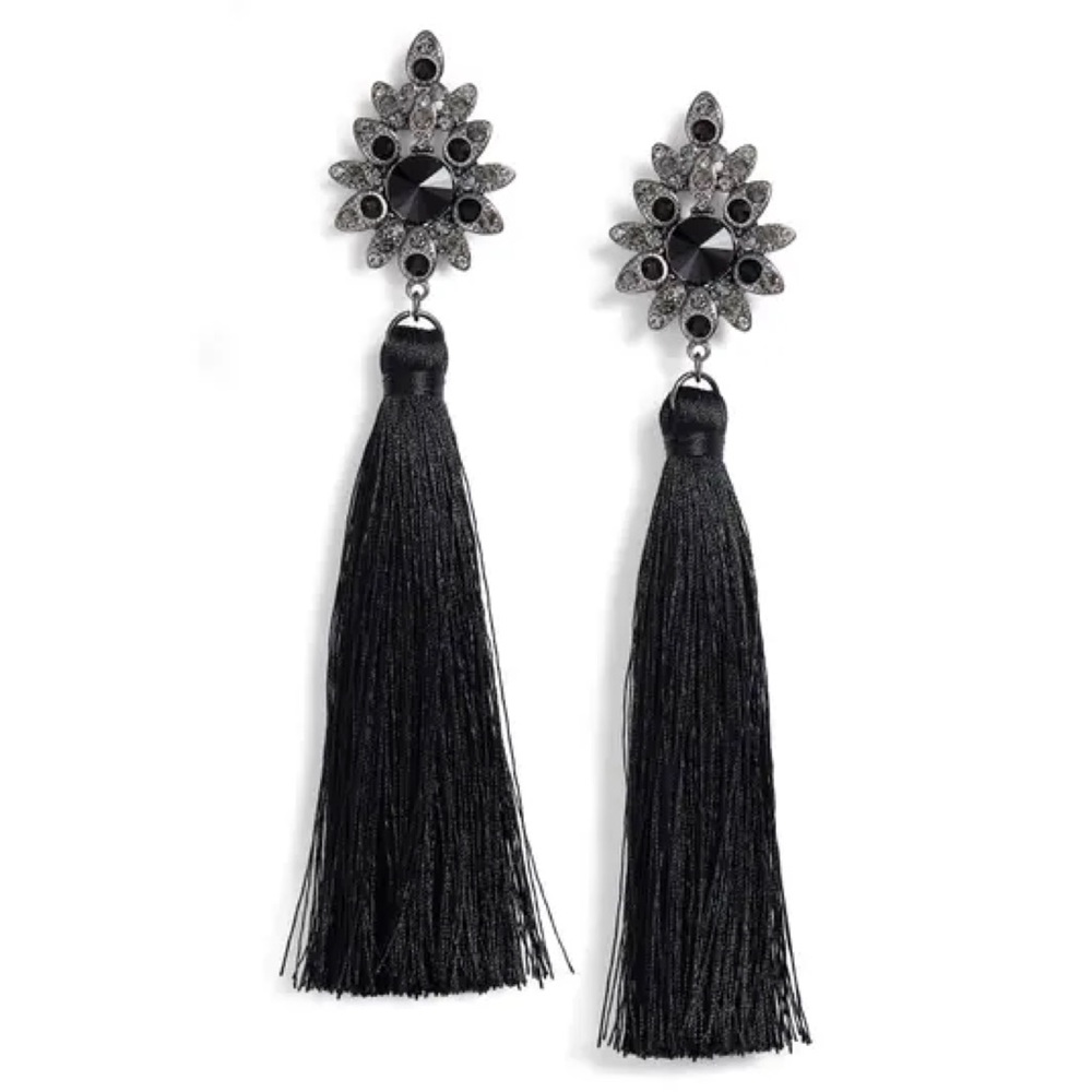 Tasha Beaded Post Tassel Drop Black Earrings